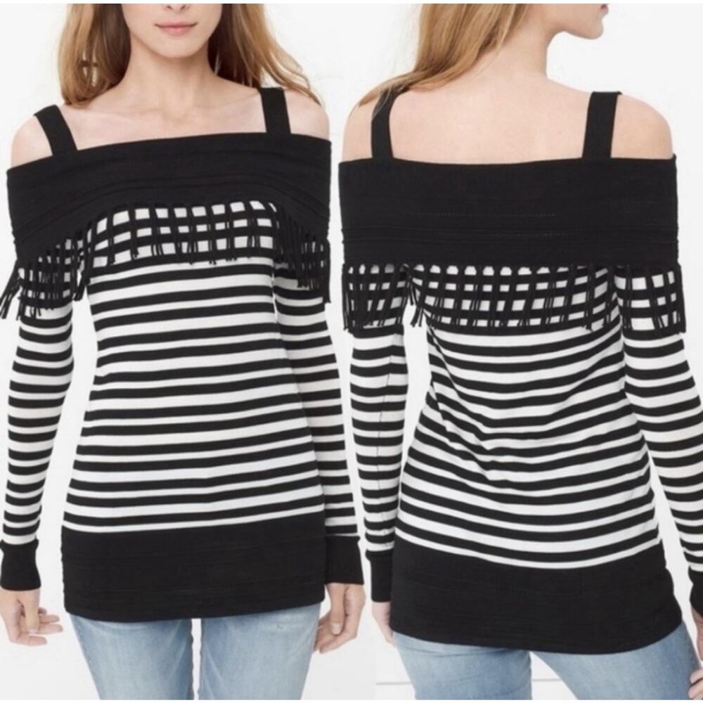 WHBM Womens Black White Stripe Cold-Shoulder Stripe Fringe Sweater Sz S - NEW